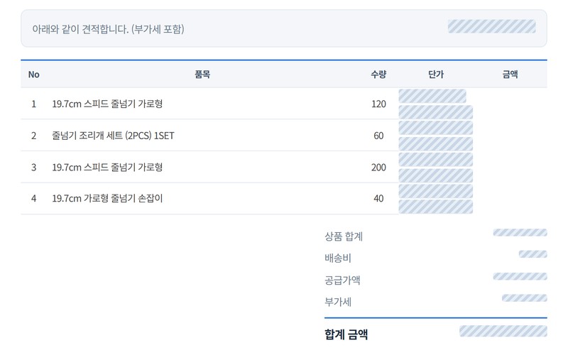 담은 상품으로 만들어진 견적서의 품목·수량 표. 금액은 가려 두었습니다.